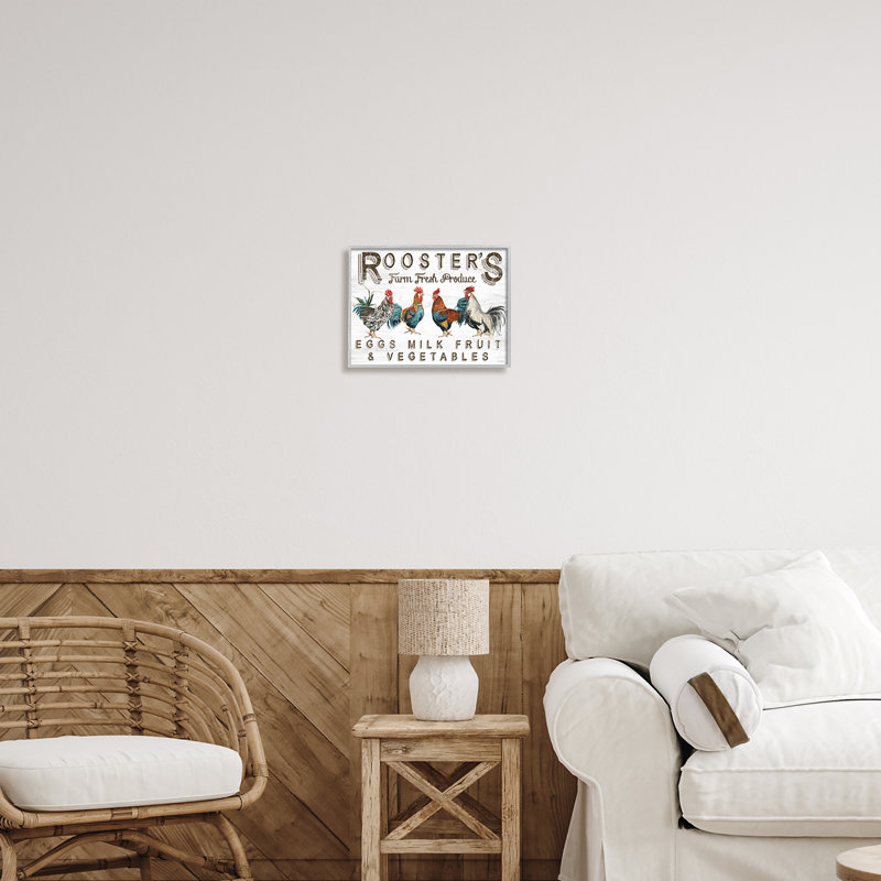 «Rustic Roosters Farm Fresh Produce» par Cindy Jacobs - Cadre flottant, impression sur bois, H 11 po x l 14 po x P 1,5 po