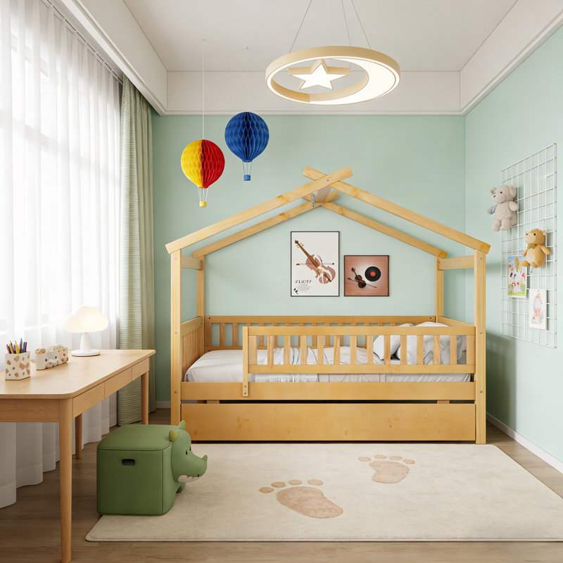 Full Size Wooden House Bed With Trundle, Natural, Full