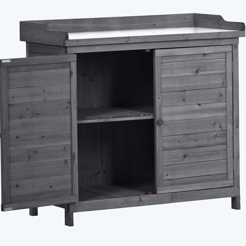 Table de rempotage d'extérieur, armoire de rangement pour poste de travail rustique, abri de jardin avec tablettes à 2 niveaux