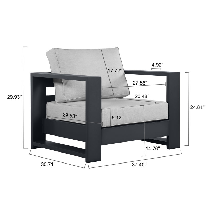 Hoyt 37.40” Outdoor Aluminum Armchair, Slate Black, Light Gray