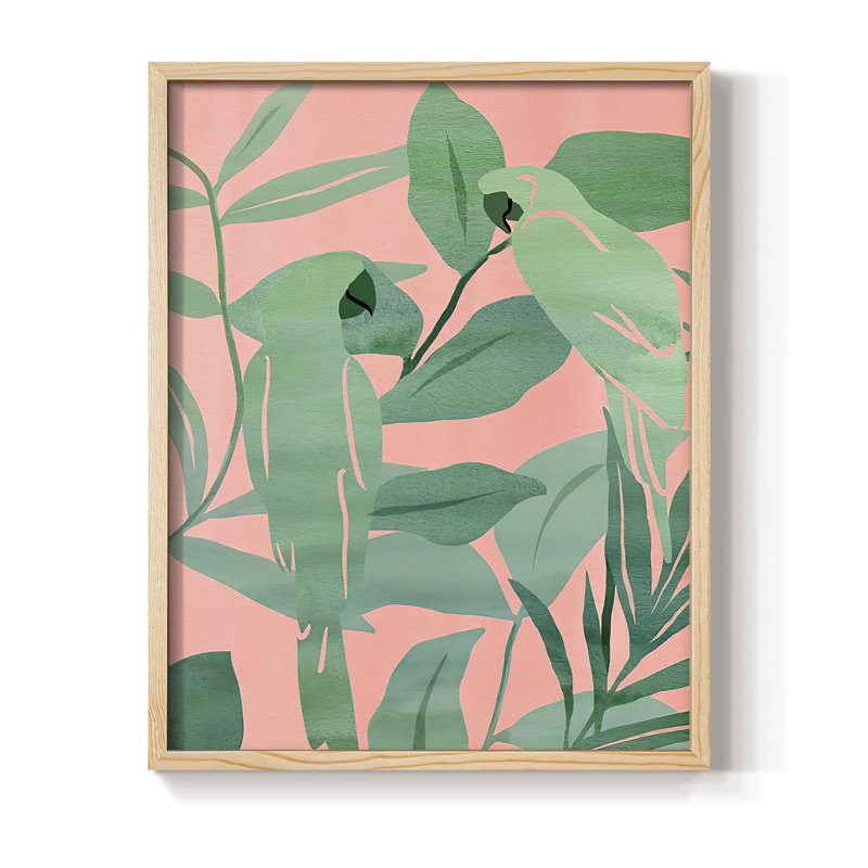 «Pink and Green Birds of Paradise II», reproduction encadrée - bois massif, H 30 po x l 24 po
