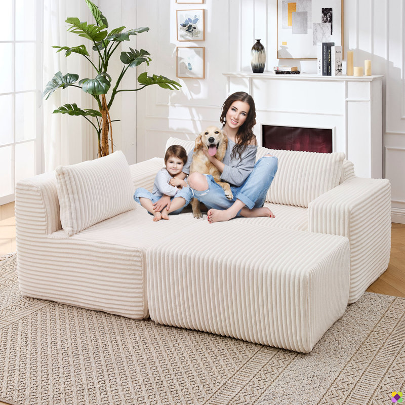  Kaneki No Assembly Required Compression  Boneless 100.79"W 4 Piece Corduroy Modular L Shape Sectional with Ottoman, RAF, LAF, 2 Seater, 3 Seater, Chaise Lounge