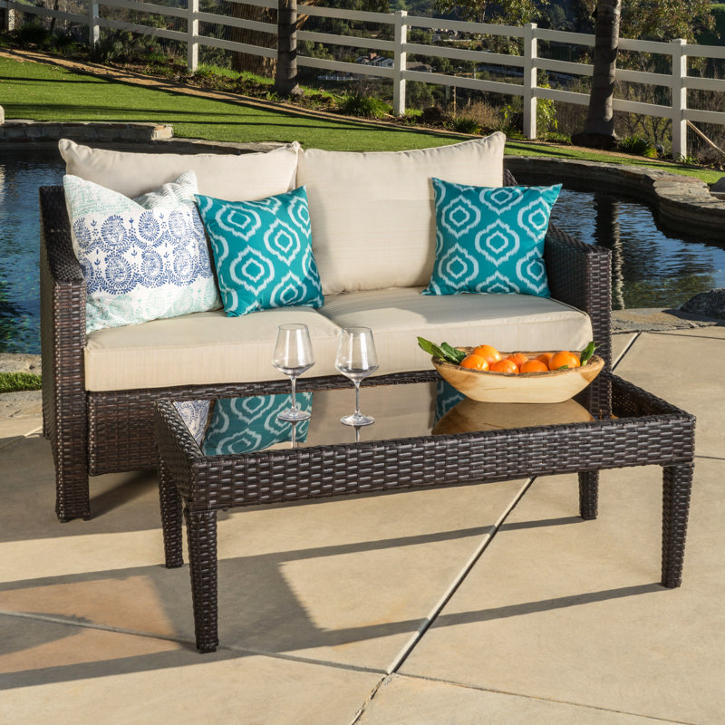 Patio et table, brun, coussins d’eau, support en fer,
