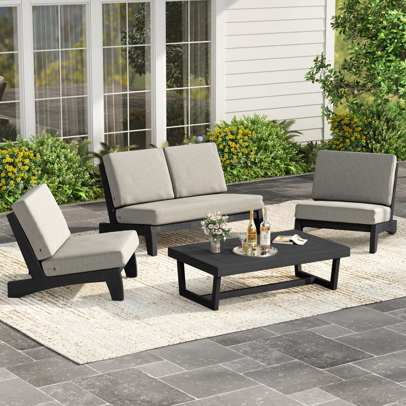 Polett 4-Person Solid Teak Wood Conversation Set, Complete Patio Seating Group with Armless Chair, Loveseat, Coffee Table & Weather-Resistant Cushions
