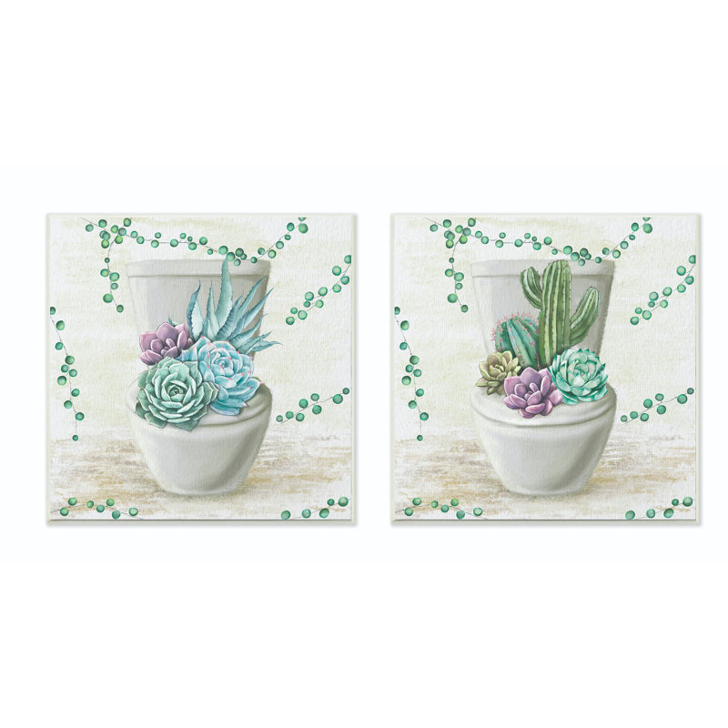 «Bathroom Succulents On toilettes Paintings», ensemble de 2 impressions, Plaque murale, H 12 po x l 12 po