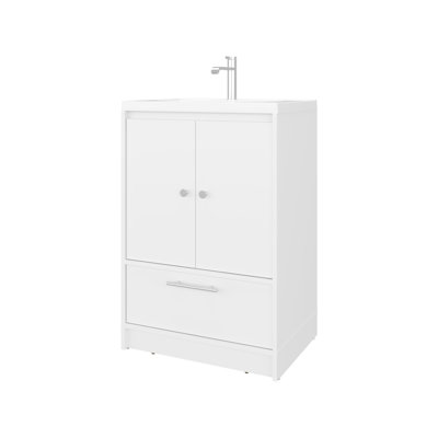 Le meuble-lavabo blanc à 2 portes avec lavabo et tiroir inférieur, 24 pouces de largeur, crée un espace lumineux et spacieux organisé