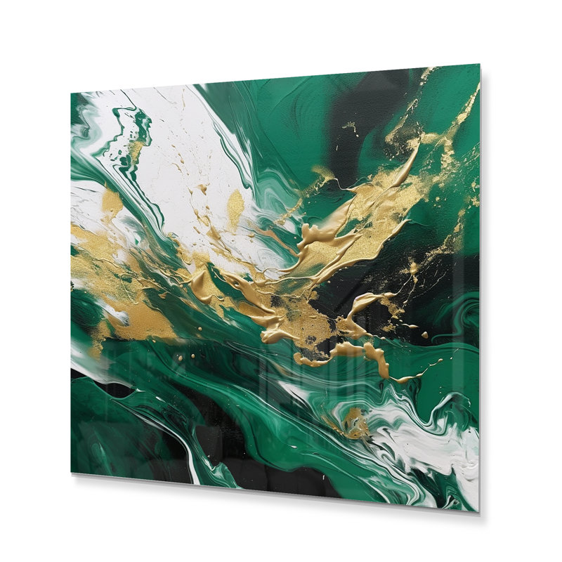 «Green and Gold Serene Cascade IV», reproduction d'art abstrait en métal, H 16 po x l 16 po x P 1 po