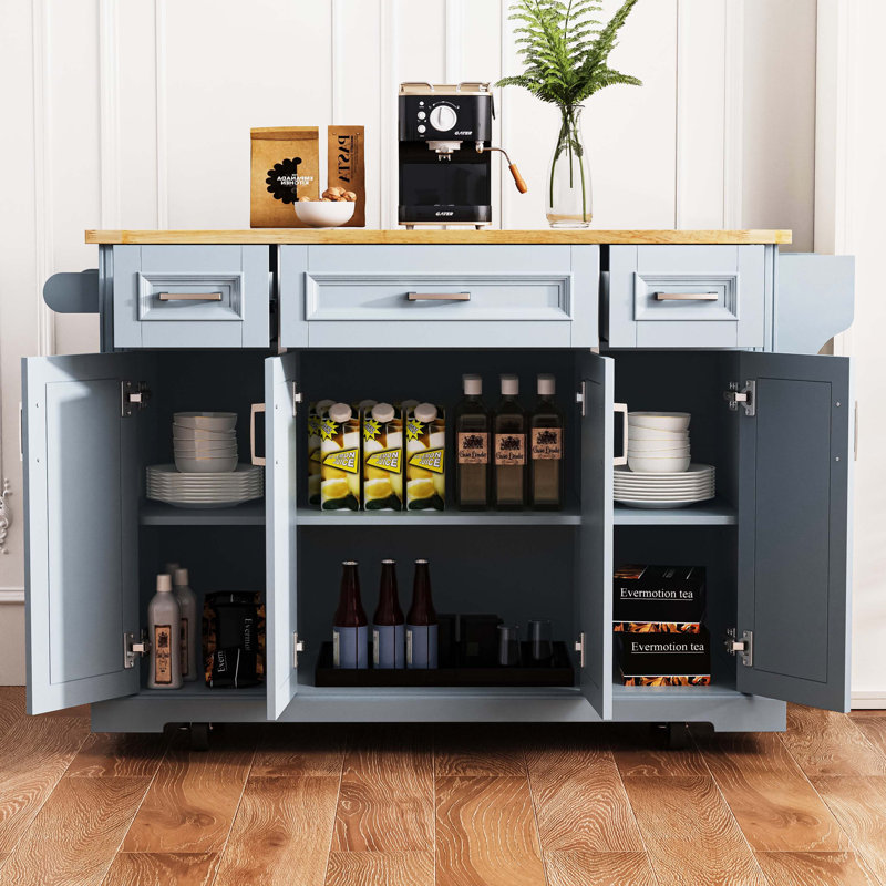 Large Embossed Textured Wheeled Kitchen Storage Island Cart with Rubber Wood Foldable Drop Leaf, Four Closed Storage Doors and Three Drawers, Four Stable Rolling Casters for Kitchen & Dining Room Storage Organization