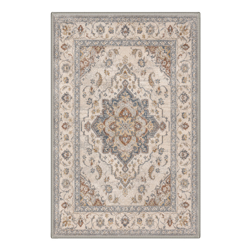 Paillasson traditionnel oriental gris/ivoire performant à poils courts, lavable et antidérapant, Rectangulaire 2 pi x 3 pi