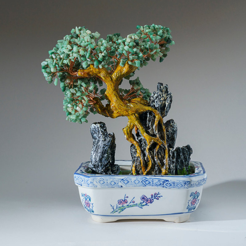 Genuine Green Aventurine Bonsai Tree in Square Ceramic Pot (13")