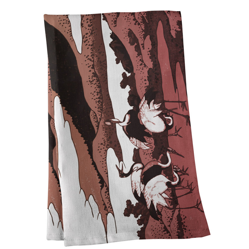 Serviette de thé japonaise grues, Polyester sergé, Marron foncé