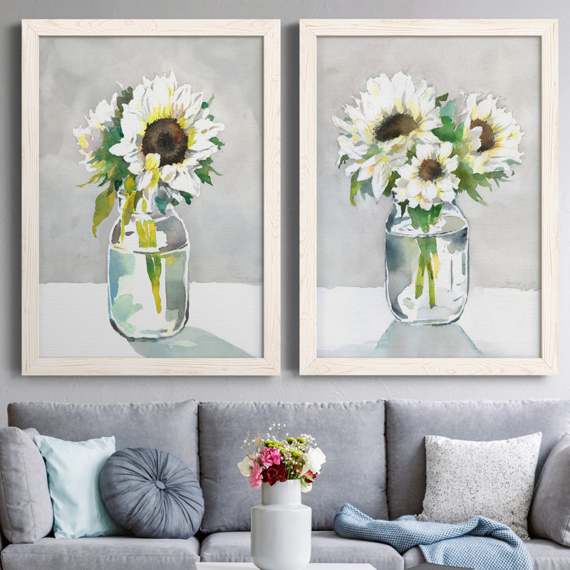 Tournesol I - ensemble de 2 peintures sur toile encadrées, H 37,5 po x l 55 po x P 1,5 po, Cadre blanc