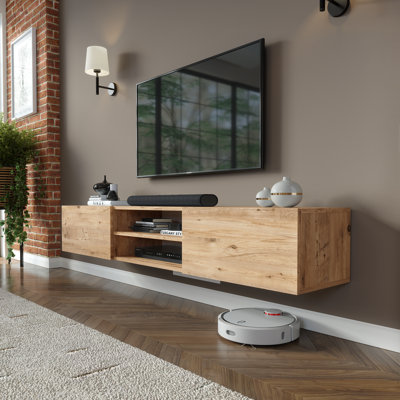 Desmone Modern Floating TV Stand Up to 80" TVs, Wall-Mounted Media Console with Storage, Oak Brown Wood Finish