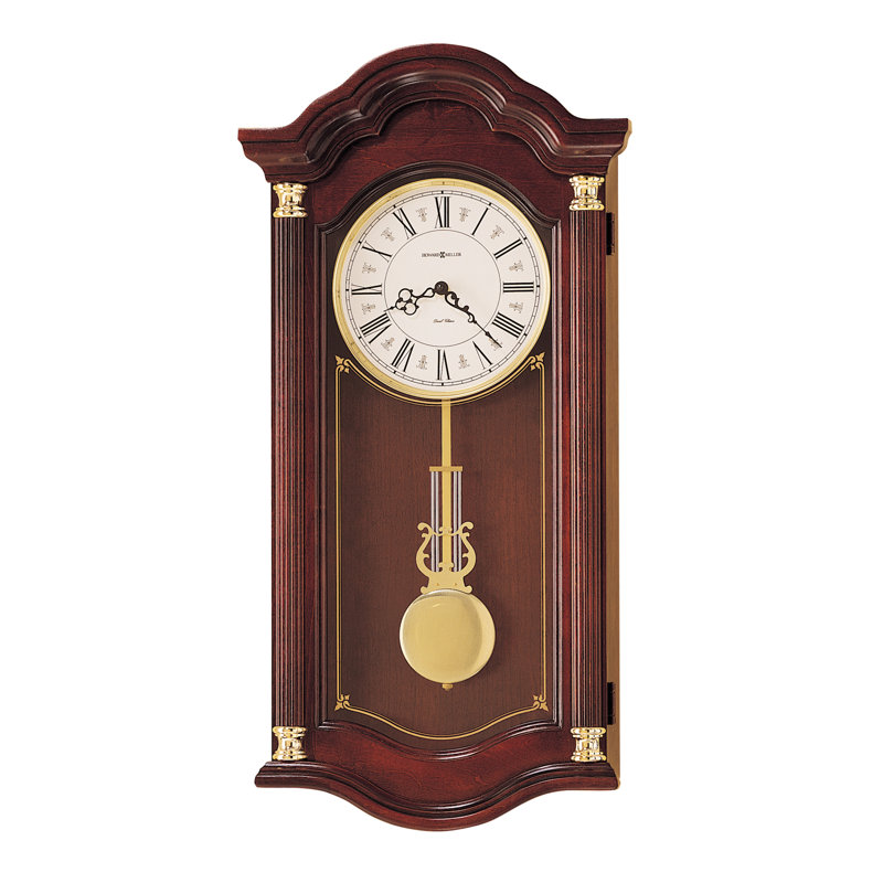 Lambourn I Modern & Contemporary Wall Clock, Windsor Cherry Hardwood Case with Dual-Chime Movement and Brass Lyre Pendulum