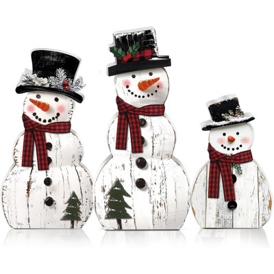 3 pièces décorations de bonhomme de neige de Noël en bois bonhomme de neige rustique centre de table signe de bloc pour les fêtes de Noël hiver intérieur maison cuisine bureau chambre décorations