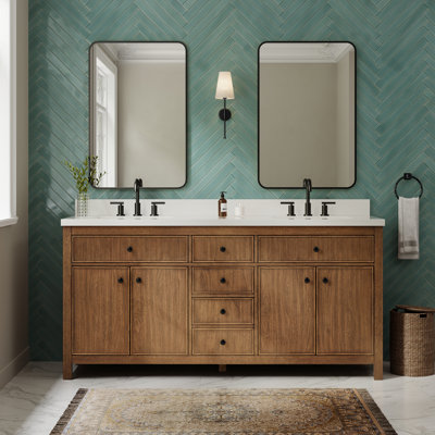 Meuble-lavabo double 72 po Rian en chêne scandinave, comptoir en quartz Giotto, lavabos carrés encastrés (3 trous), garniture bronze satiné