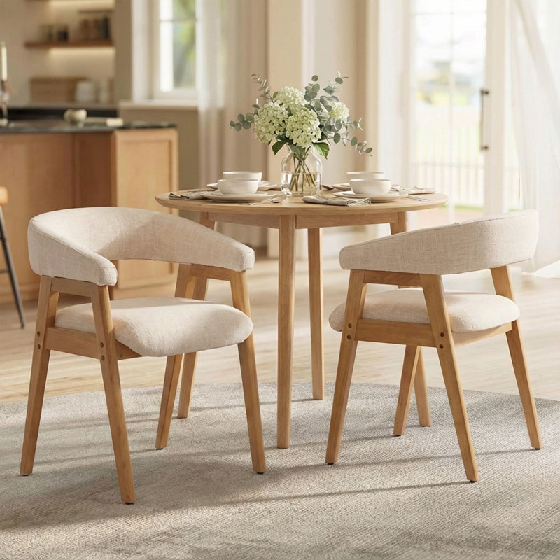 Mid-Century Modern Dining Chairs, Linen Upholstered Kitchen Dining Room Chairs Curved Backrest Dining Chairs With Wood Legs(Set Of 2)