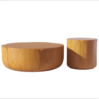 Round Outdoor Indoor Coffee Table Set, Modern Wood Grain Drum Center Table Set, Sturdy MGO (Magnesium Oxide) Waterproof, No-Assembly Table For Patio, Garden, Backyard, Living Room(Set Of 2)
