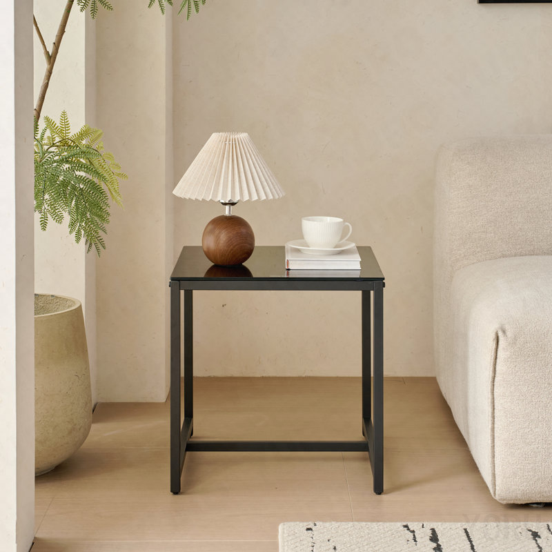 Table de chevet en verre noir - Table d'appoint en MDF avec pieds en métal