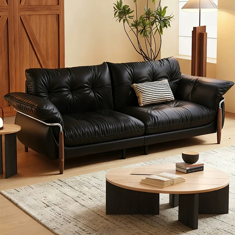 Black Faux Leather Modular Sofa cushion couch, Black, 32.68" H x 94.49" W x 39.37" D