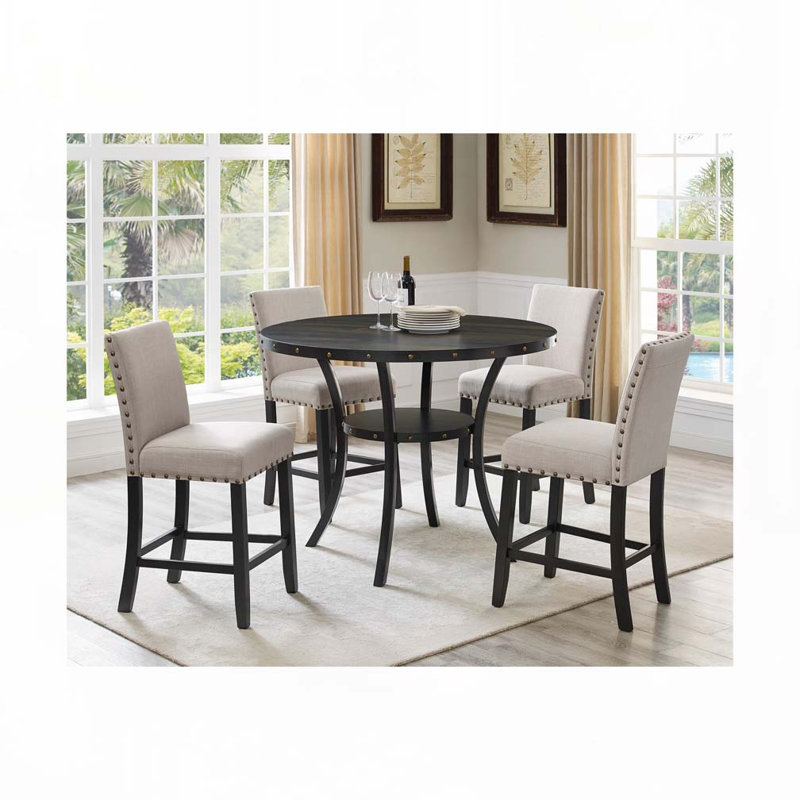 Fabric Upholstered Wood Bar Stools Set with Nailedhead Trim,Back, Beige