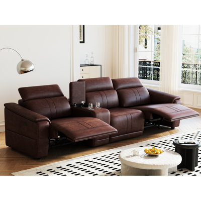 Canapé d'angle 4 places en cuir brun foncé avec 2 porte-gobelets, confortable pour le salon, design moderne, tissu respirant, mousse haute résilience, fauteuil inclinable électrique