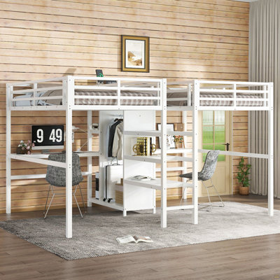 Twin Over Twin Metal Loft Bed With Double Desk And Wardrobe And Shelves With Electrical Outlet For Space Saving And Noise Reduction,White