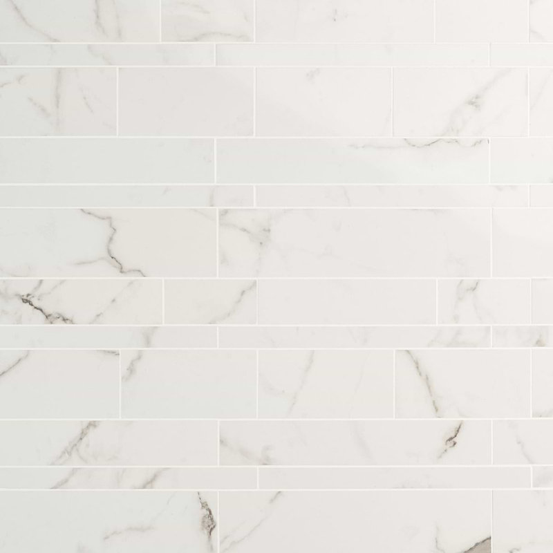 Dreamstone Railroad Porcelain Mosaic, Statuario Venato Polished