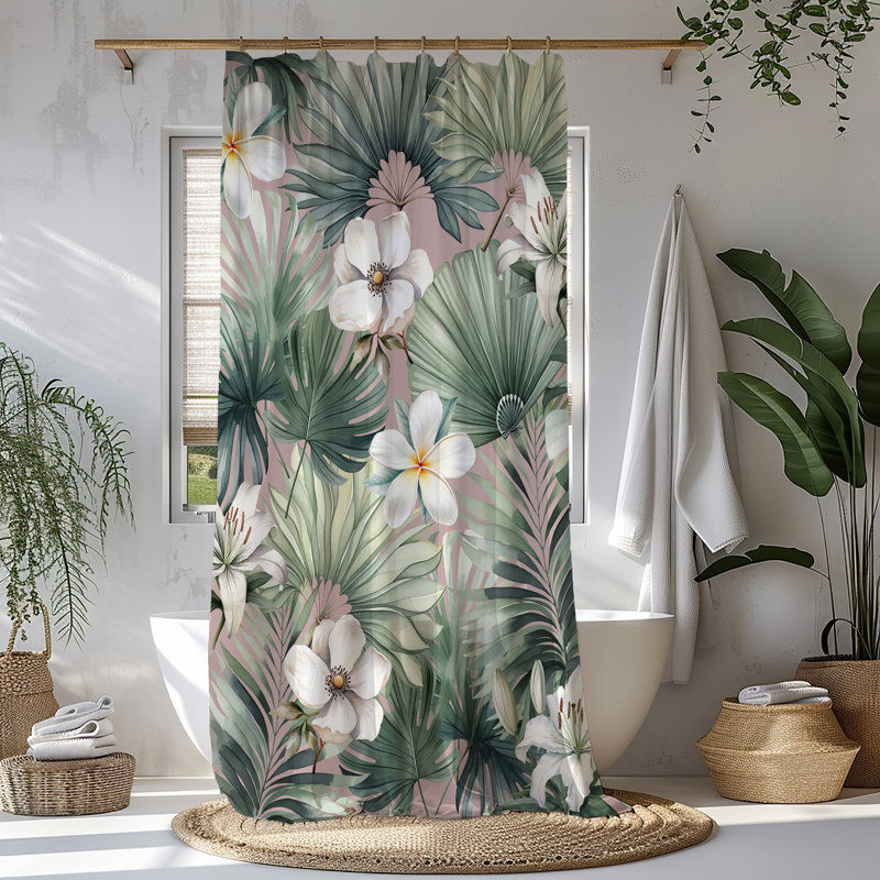 Rideau de douche Plumeria, Blanc / motif floral vert, H 83 po x l 71 po