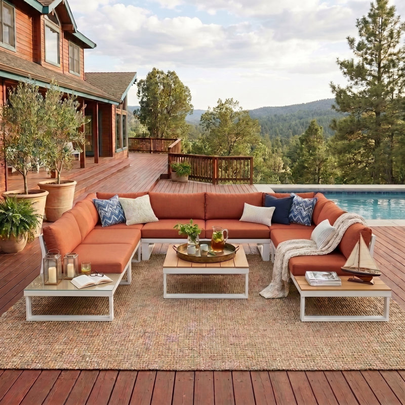 Cogbill 109.6 Wide 8 - Person Aluminium Outdoor Seating Group with Cushions, White, Orange