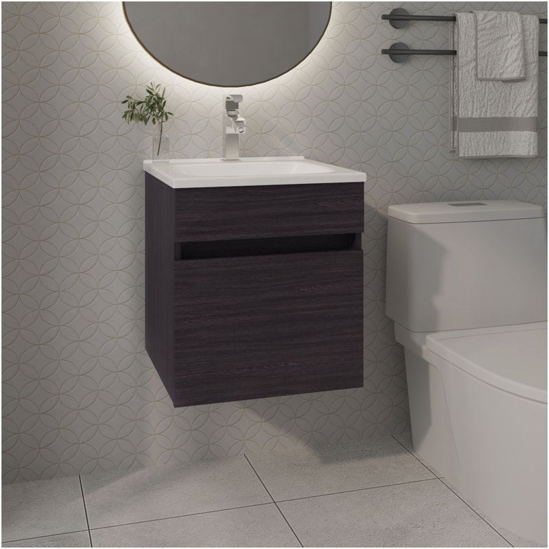 FM FURNITURE  Belle Bathroom Floating Vanity With Sink, 1 Door, Wengue, Wenge
