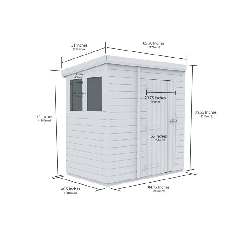7ft x 4ft Pent Shed - Double Door with Windows
