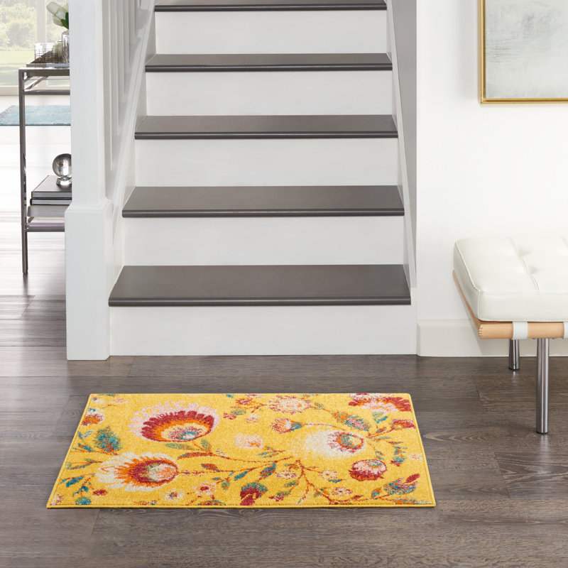 Tapis jaune à motif floral Lakenya, Rectangle de 2 pi x 3 pi