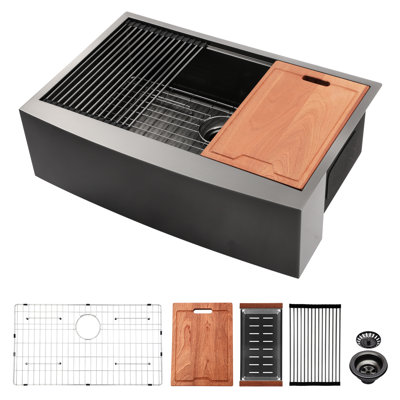 33-Inch Gunmetal Black Stainless Steel Apron Front Kitchen Sink Workstation 33"