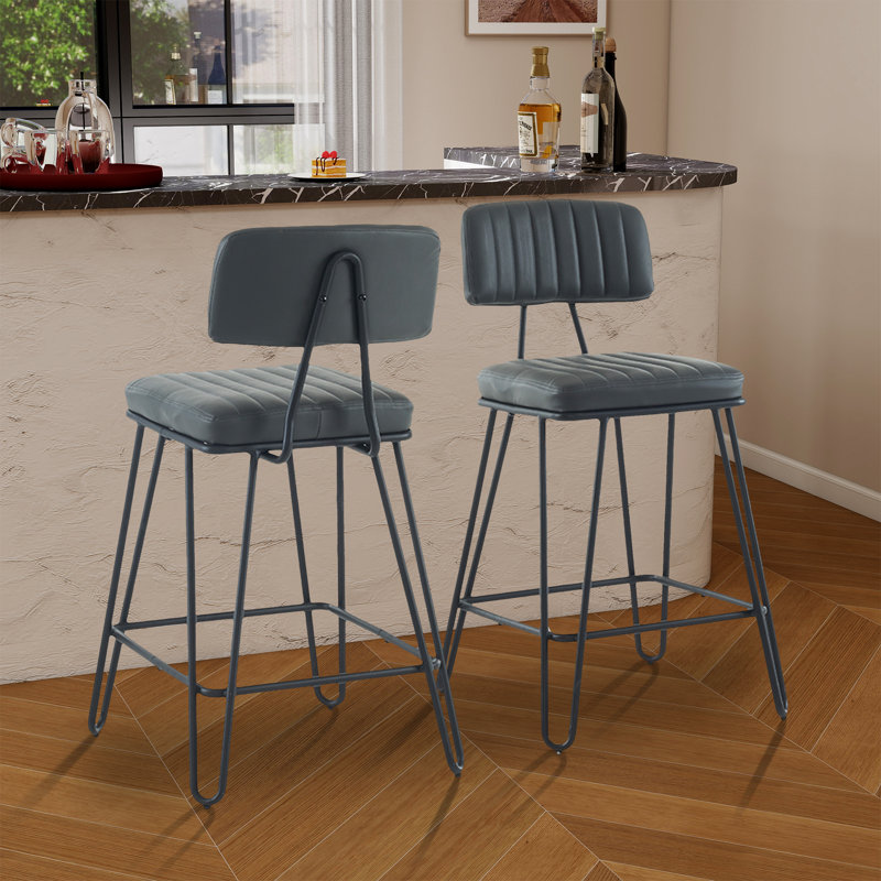 Set Of 2 Upholstered Industrial Bar Stools, Pu Leather, Gray