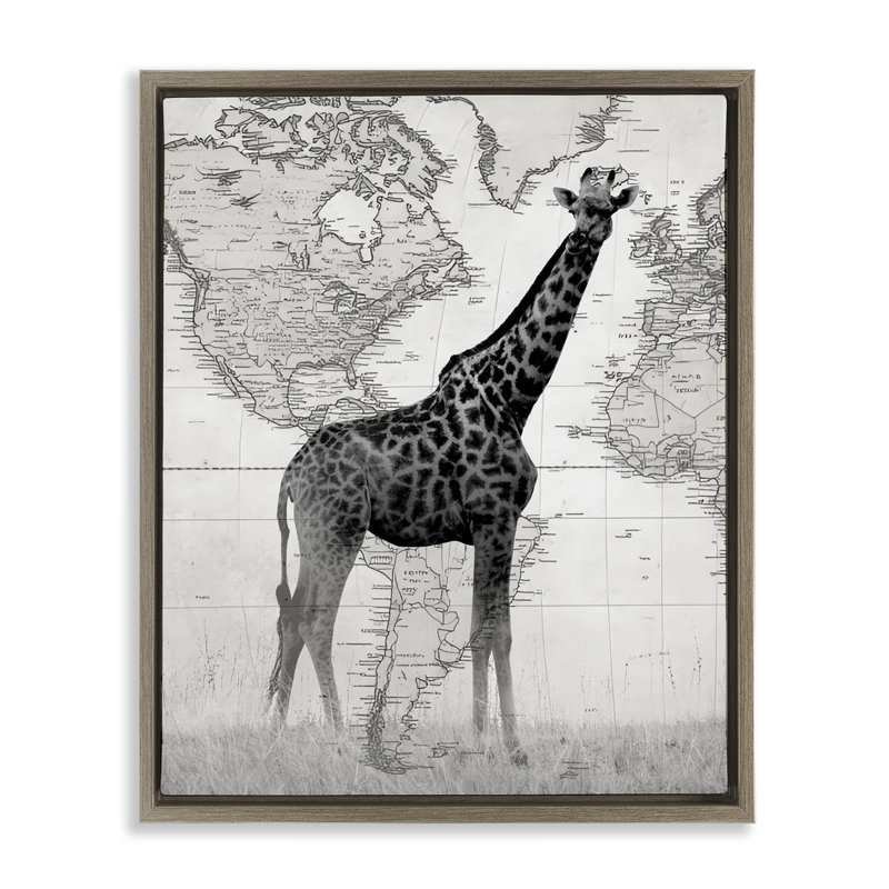 Girafe avec carte du monde rétro, H 21 po x l 17 po, Cadre flottant orme Montalcino