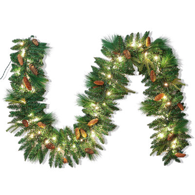 9ft Artificial Christmas Garland Prelit with LED Lights, 27 Pine Cones, 27 Red Berries