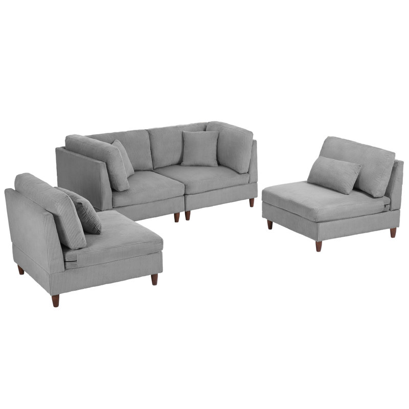Michelyn 160.4"W 4 - Piece Corduroy Modular Sectional Sofa with Solid Wood Leg, Light Gray Corduroy