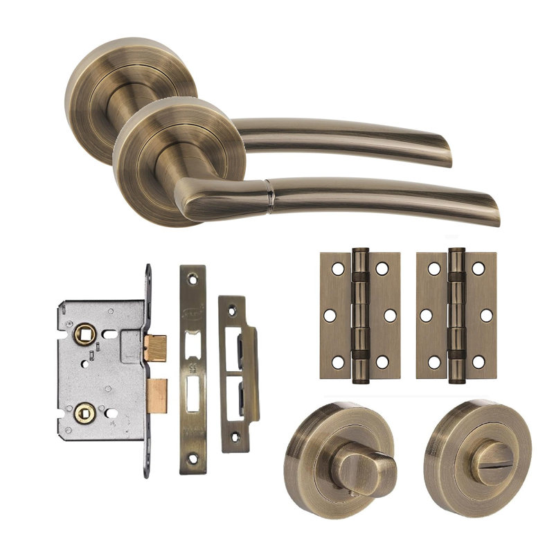  Indiana Design Bathroom Door Handle Set in Antique Brass with Thumbturn, Hinges and Mortise Lock