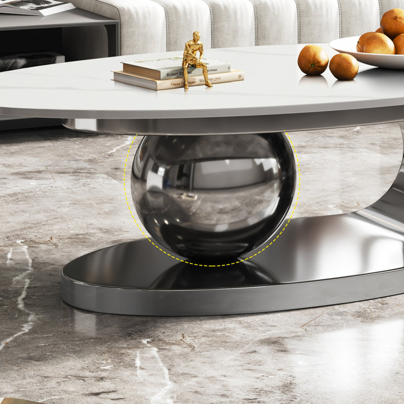 Table basse 49,2 pouces ovale en faux marbre pour salon avec base en acier inoxydable, Gray