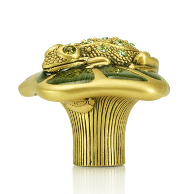 FROG KNOB; WATERCRESS WITH PERIDOT WITH OLIVINE EYES MUSEUM GOLD FINISH