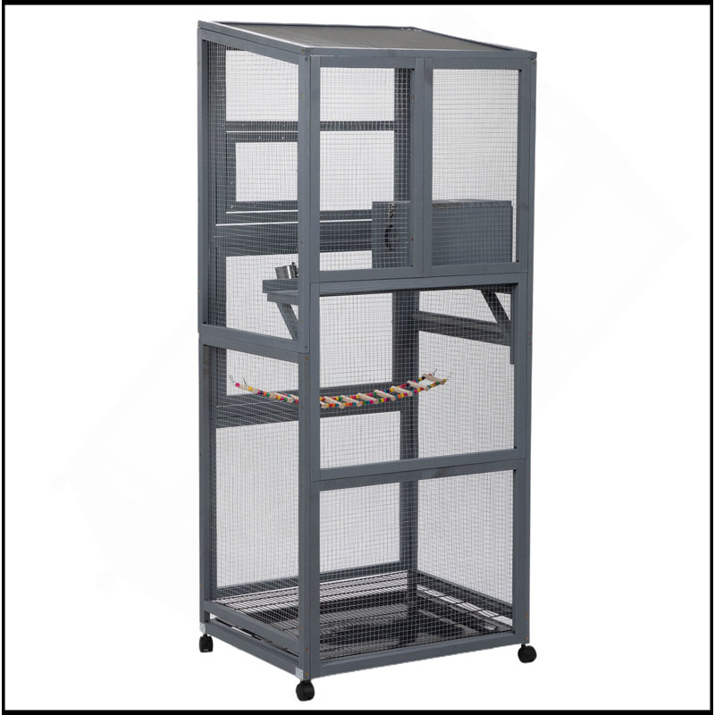 Cage à oiseaux en bois avec roues universelles - gris