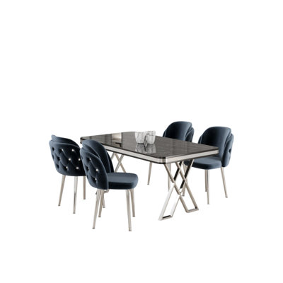 Modern 5-Piece Dining Table & Chairs Set, Black Marble with Chrome Accents | 100% Lacquer Panel Table (51.2 x 29.1 x 31.5 in) & 4 Plywood Chairs (18.1 x 32.3 x 17.7 in) | Plush Babyface Fabric, Stylish & Durable Design for Glamorous Dining Spaces