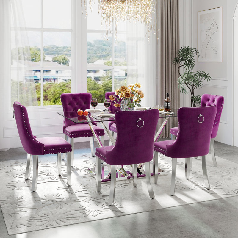 Modern Rectangle Tempered Glass Pedestal Dining Set with Velvet Tufted Dininig Chair, Purple, 7, Silver