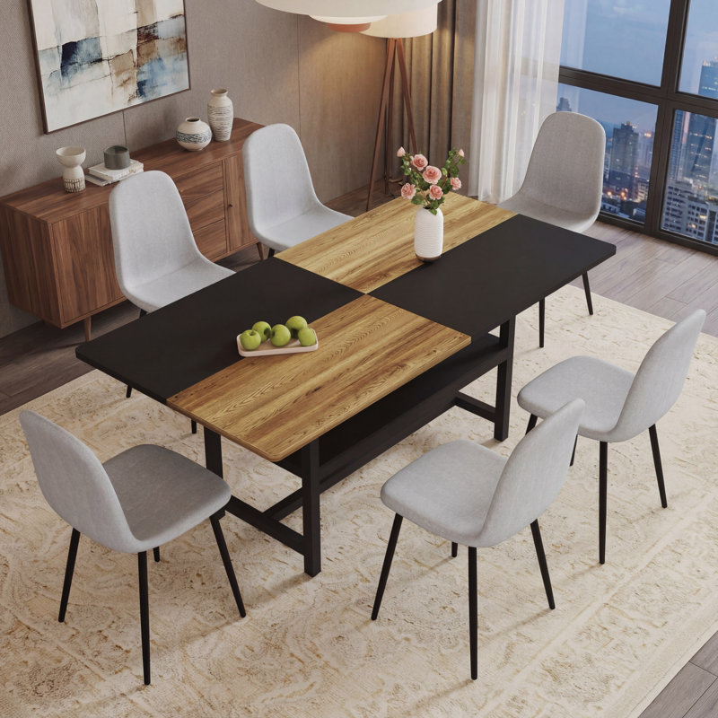 Ensemble de table de salle à manger moderne de 71 po pour 8 personnes avec plateau en bois et noir, tablette de rangement sous la table et 8 chaises en lin gris clair