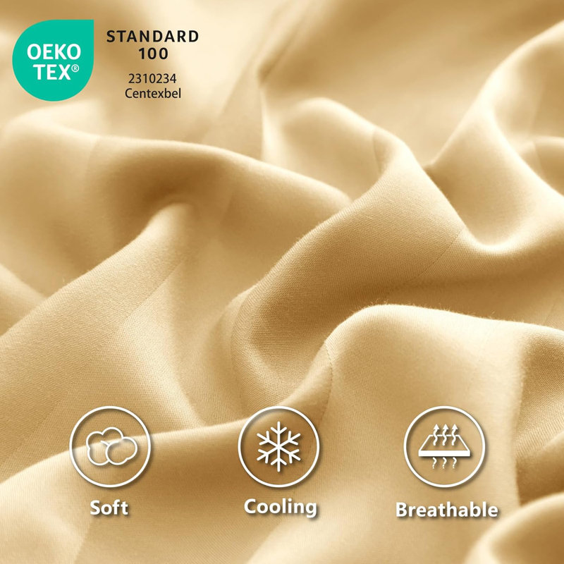Cooling Silky Striped Sheet Set With Corner Straps, 100% Rayon from Bamboo Bed Sheets, King, Light Gold
