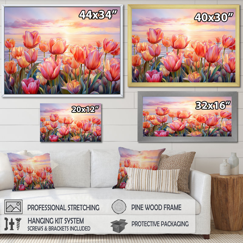 Tulipes coucher de soleil IV - Tulipes, art mural, Cadre simple noir, H 12 po x l 20 po x P 1 po