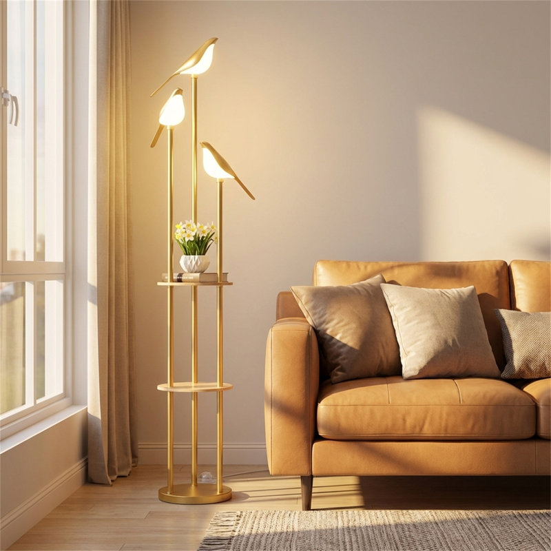 Modern Floor Lamp With Shelves And Three Adjustable Gold Led Lights