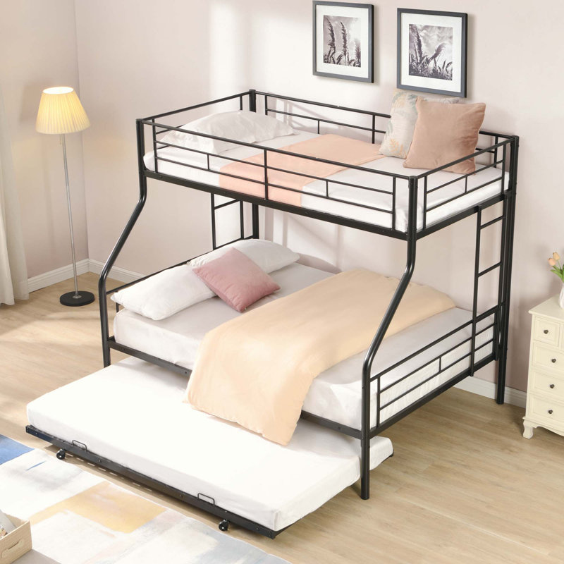 Lit simple superposé au dessus d'un lit double avec lit gigogne en métal, aucun sommier requis, assemblage facile