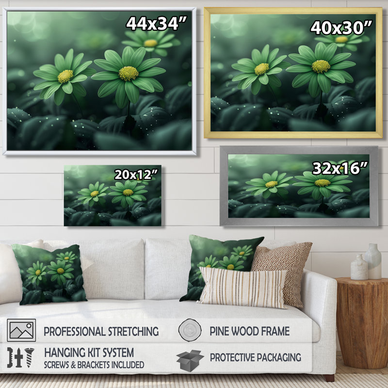 «Green Winter Nirvana Daisies» - impression d'art mural marguerites, H 30 po x l 40 po, Cadre flottant doré